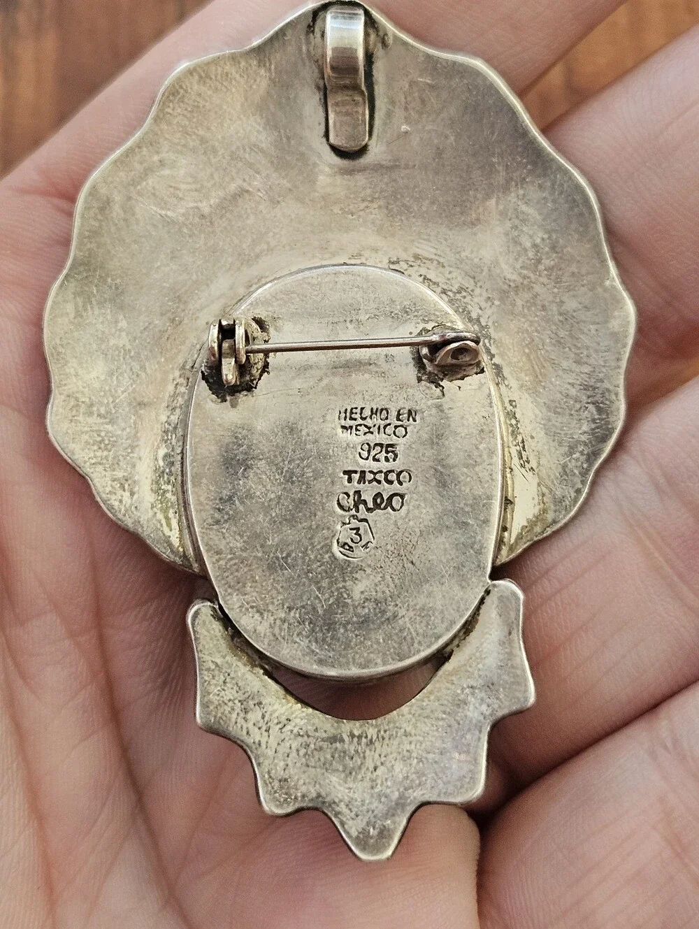 Vintage Cheo Taxco Sterling Silver Carved Stone Face Pendant Brooch MCM
